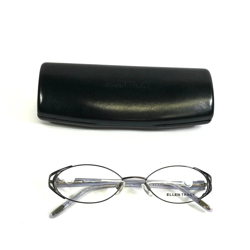 Ellen Tracy Eyeglasses Frames LUTETIA Gunmetal Gray Blue Oval Wire Rim 50-17-130